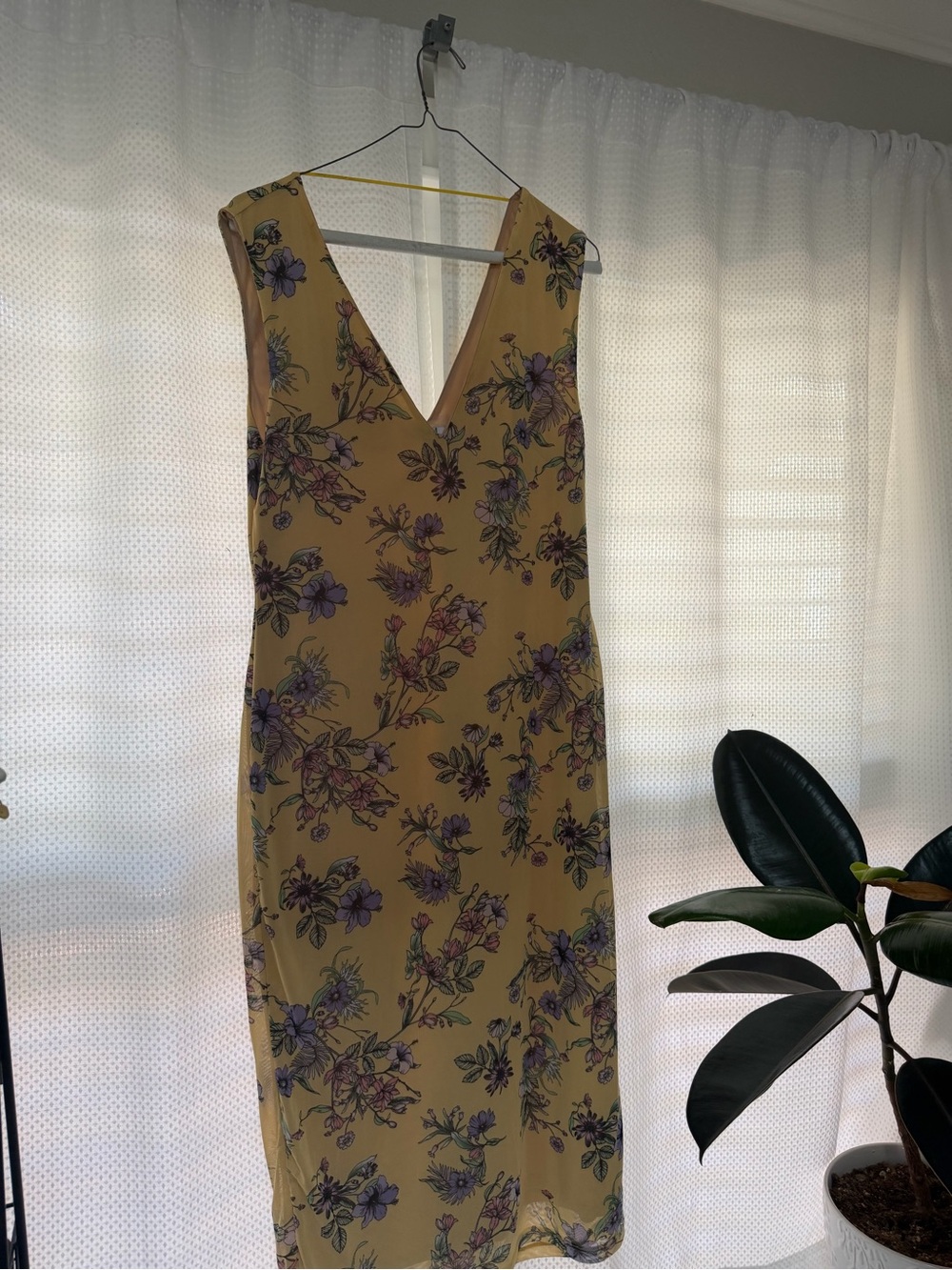 AFRM Los Angeles Floral Midi Dress Mustard Yellow Purple V-Neck Sleeveless XL